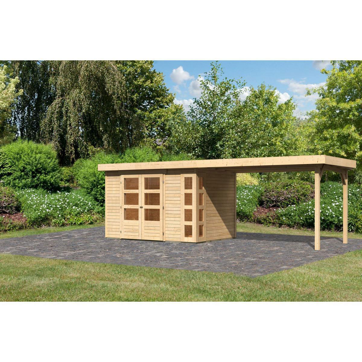 Karibu Gartenhaus-Set Kerko 4 mit Anbaudach 2,8 m naturbelassen Bild 1