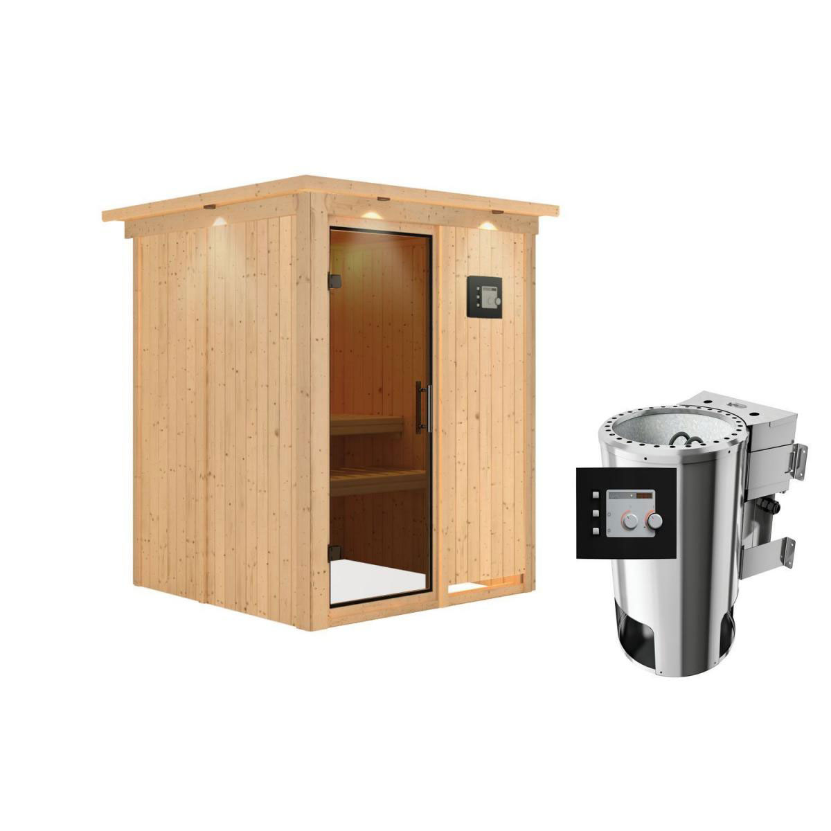 Karibu Sauna Minja Fronteinstieg 3,6 kW Bio Ofen externe Strg modern mit Kranz graphitfarbene Glastür Bild 1