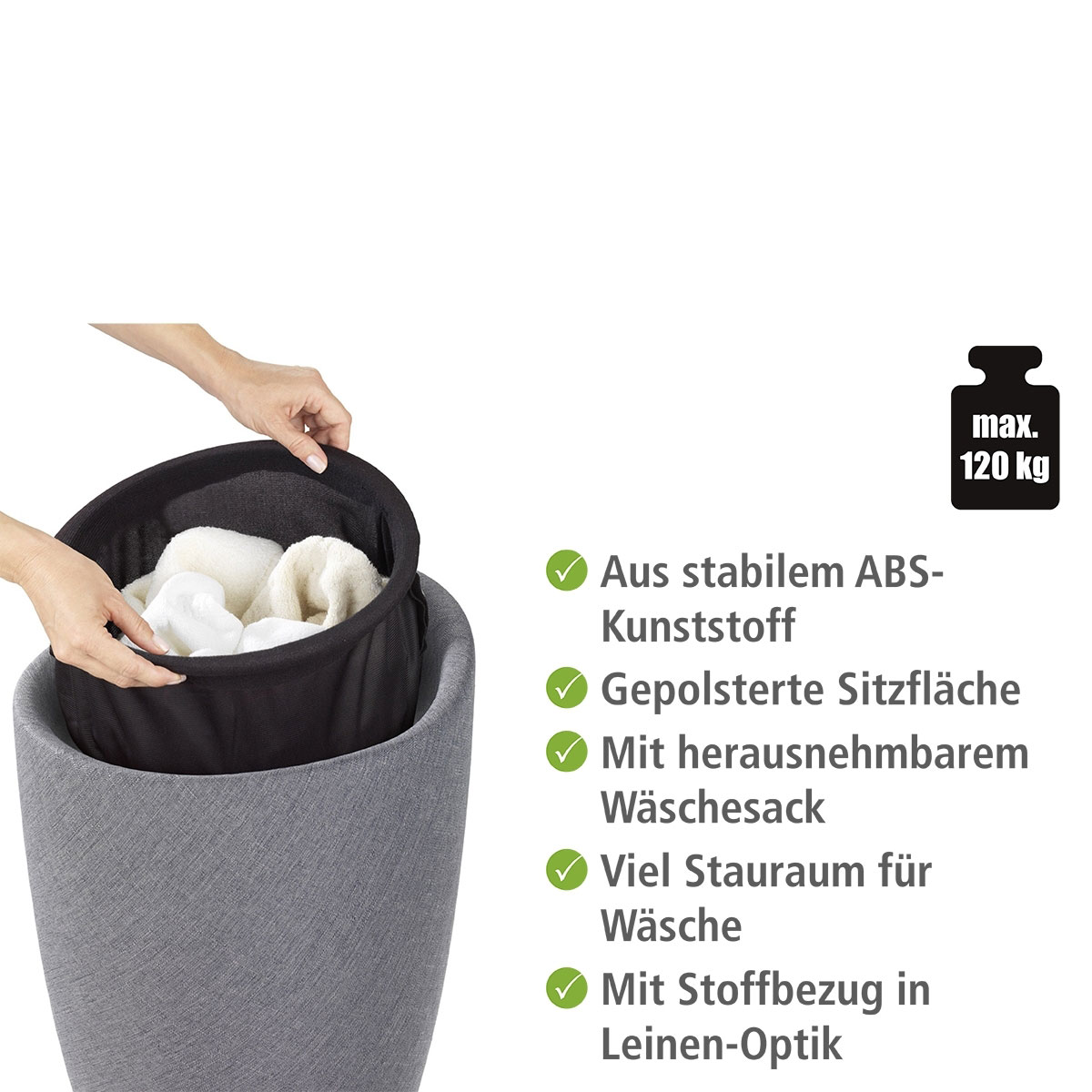 Wenko  Hocker Candy Grey Leinenoptik mit Wäschesack Badhocker mit abnehmbarem Wäschesammler Bild 2