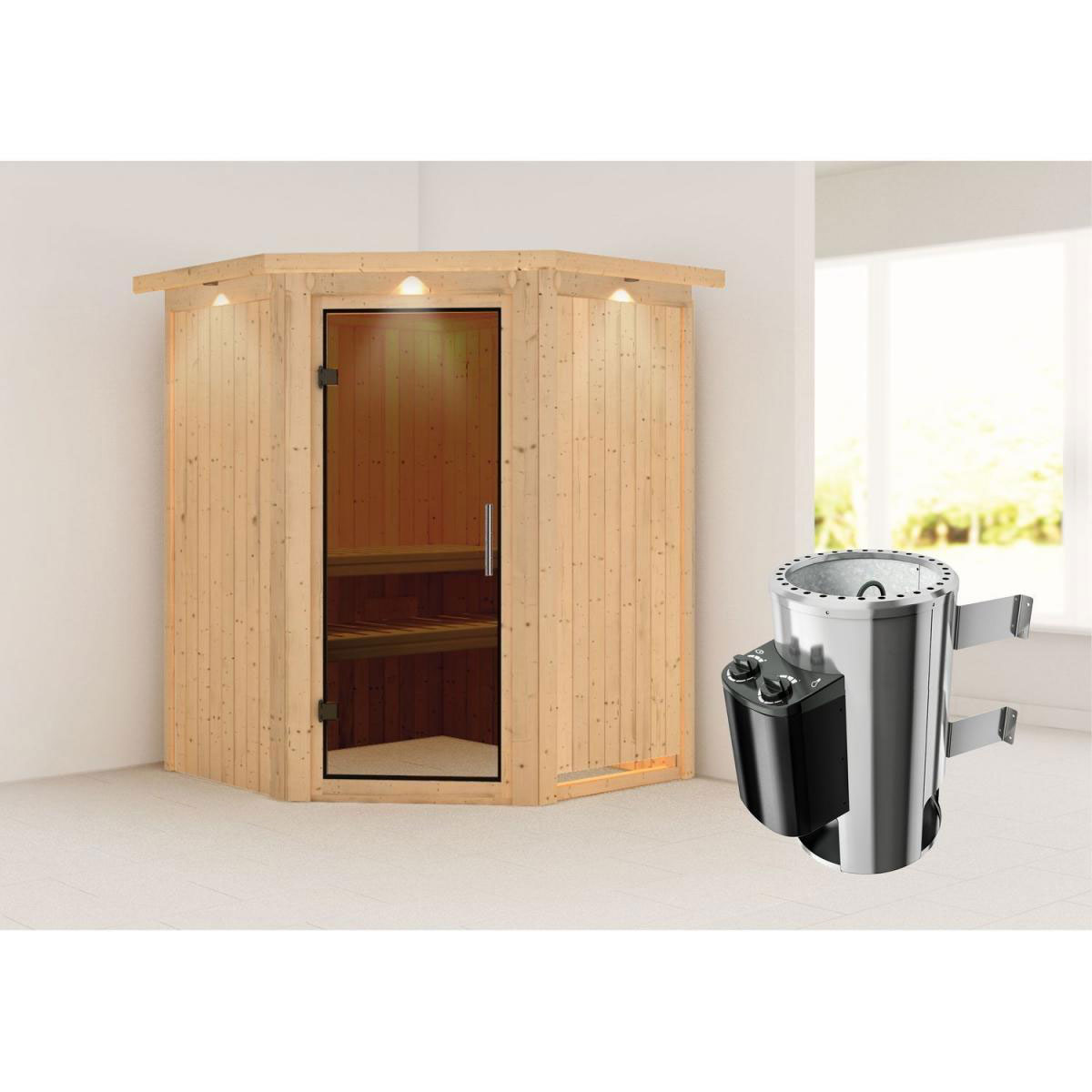 Karibu Sauna Nanja Eckeinstieg 3,6 kW Ofen integr Strg mit Kranz graphitfarbene Glastür Bild 6