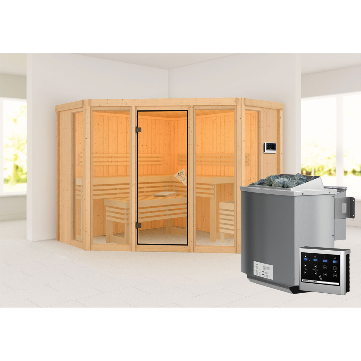 Karibu Sauna Alcinda 2 naturbelassen Bio externe Steuerung ohne Dachkranz