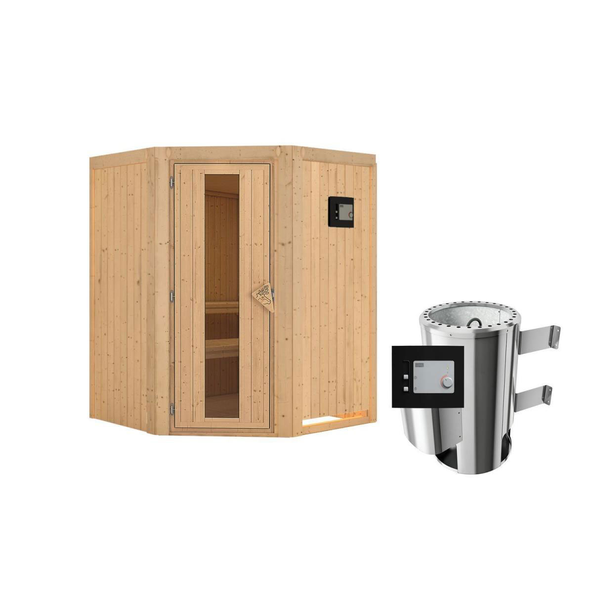 Karibu Sauna Nanja Eckeinstieg 3,6 kW Ofen externe Strg modern kein Kranz Energiespartür
