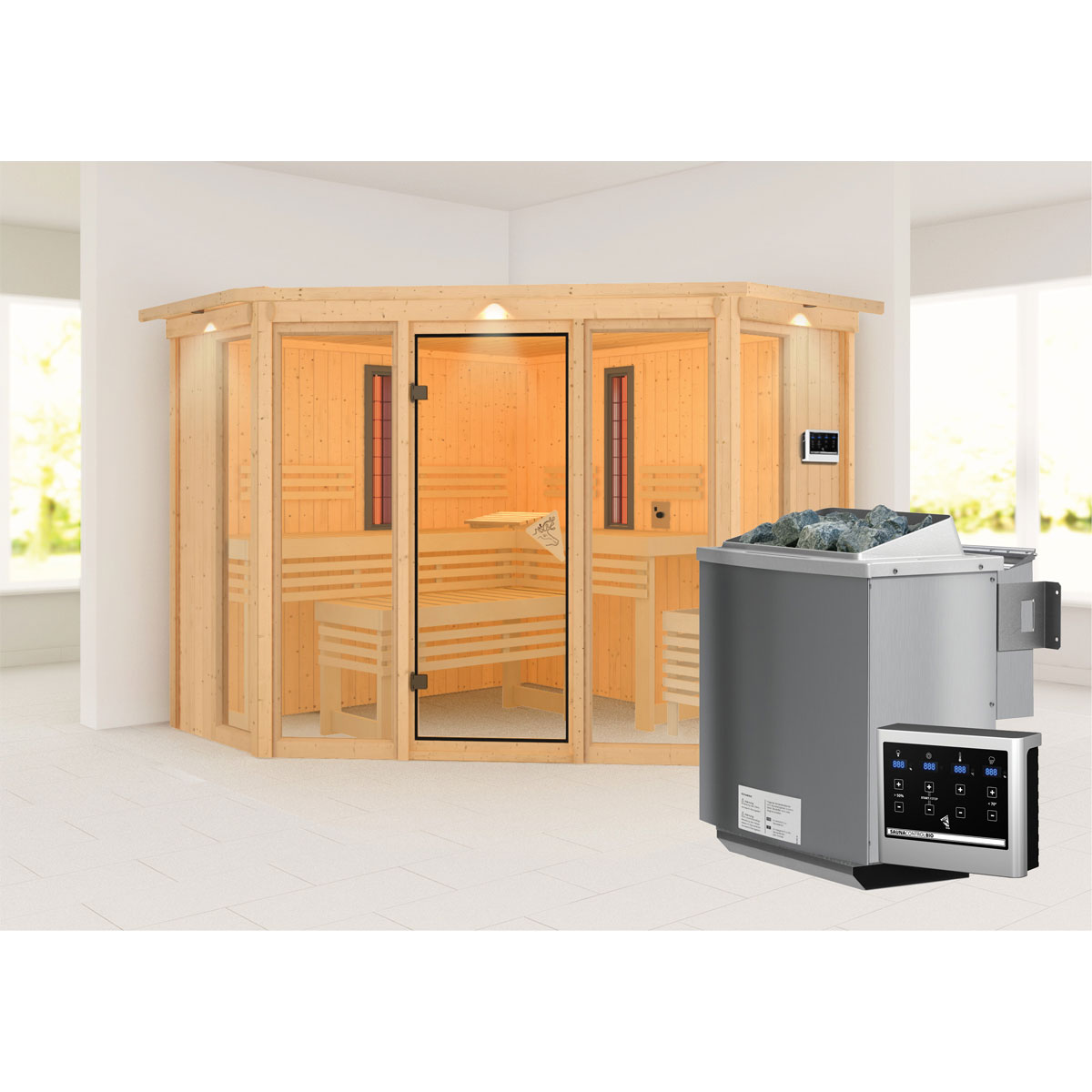 Karibu Infrarotkabine Asta mit Kranz naturbelassen Bio externe Steuerung