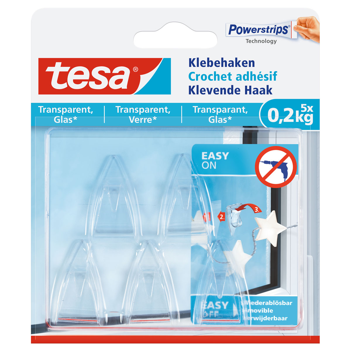 Tesa Klebehaken transparent Glas 5 Stück Traglast 5 x 0,2 kg Bild 1
