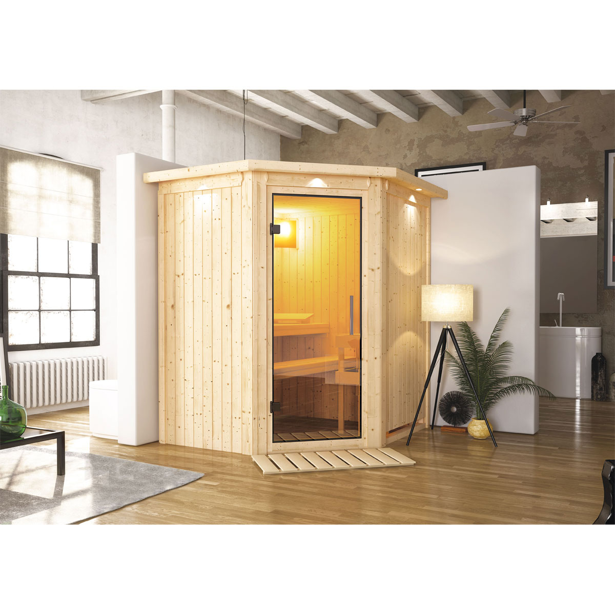 Karibu Sauna Larin Eckeinstieg ohne Ofen mit Kranz Klarglastür Bild 1