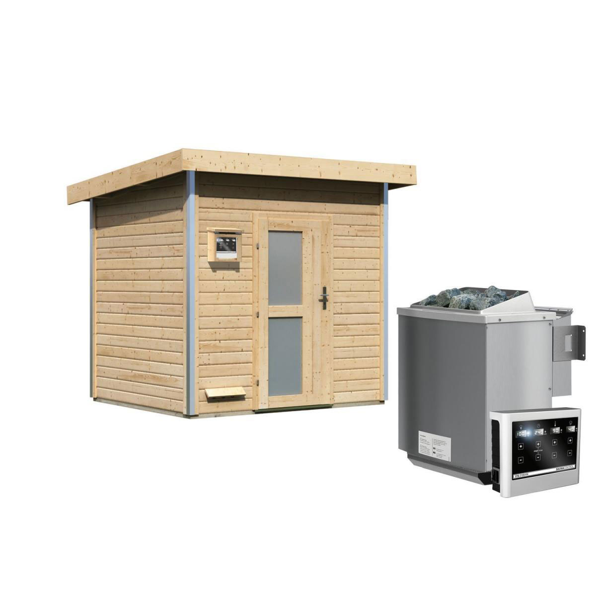 Karibu Saunahaus Norge 38 mm 9 kW Bio Ofen externe Strg Milchglastür