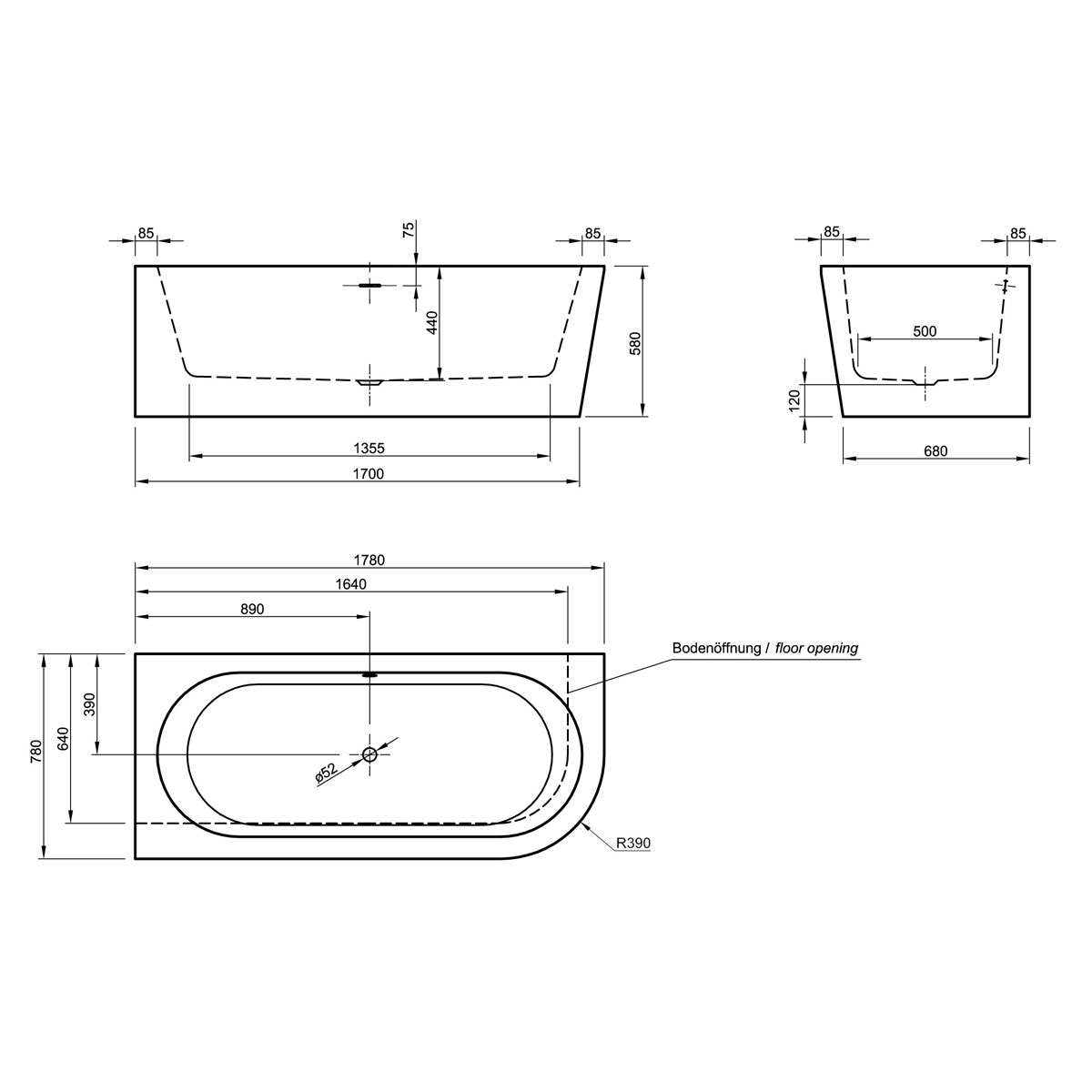 Ottofond Badewanne Modena Corner 178 x 78 cm schwarz/weiß Ausführung Modell A Bild 3