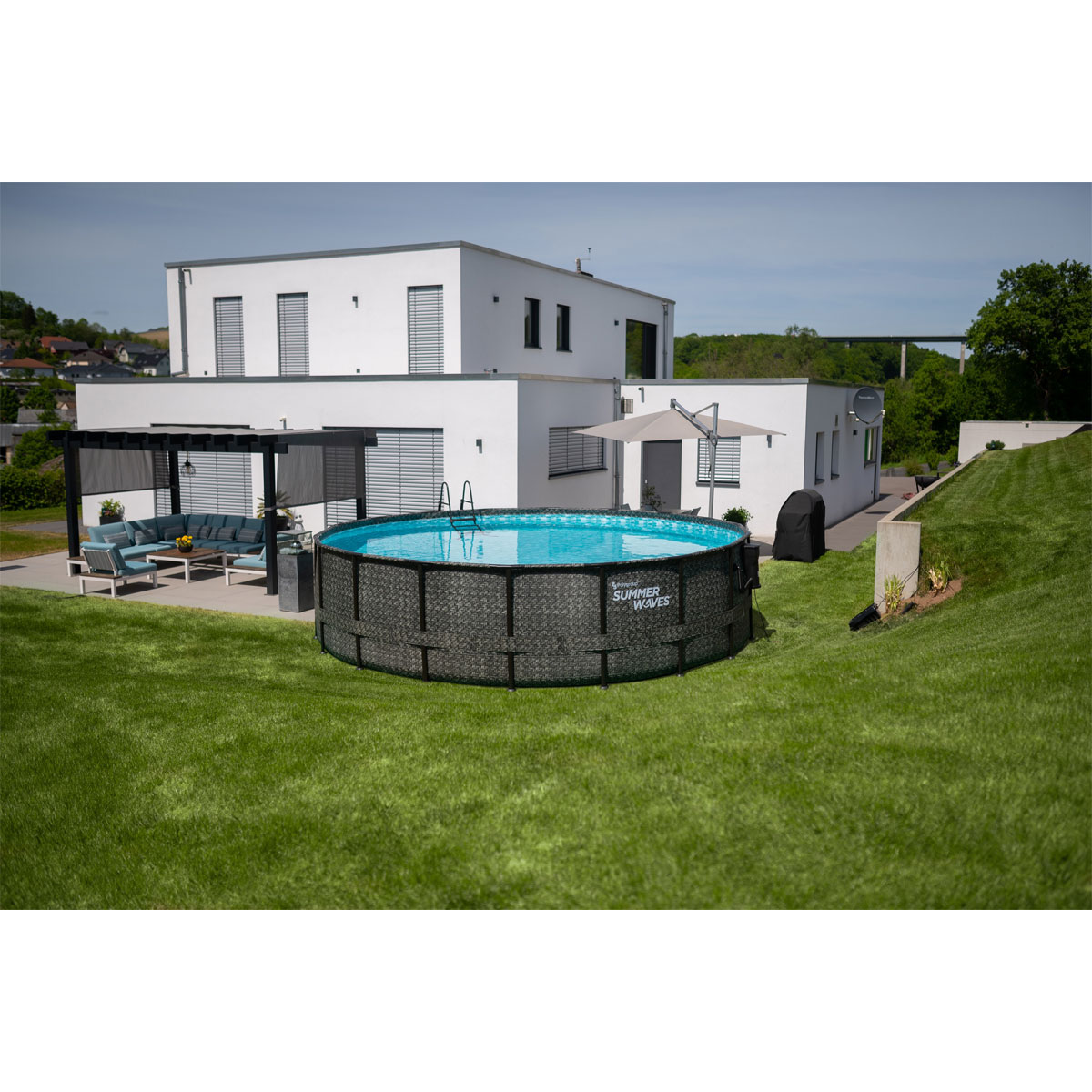Summer Waves Elite Frame Pool 549x549x132cm Rattan Grau Bild 3